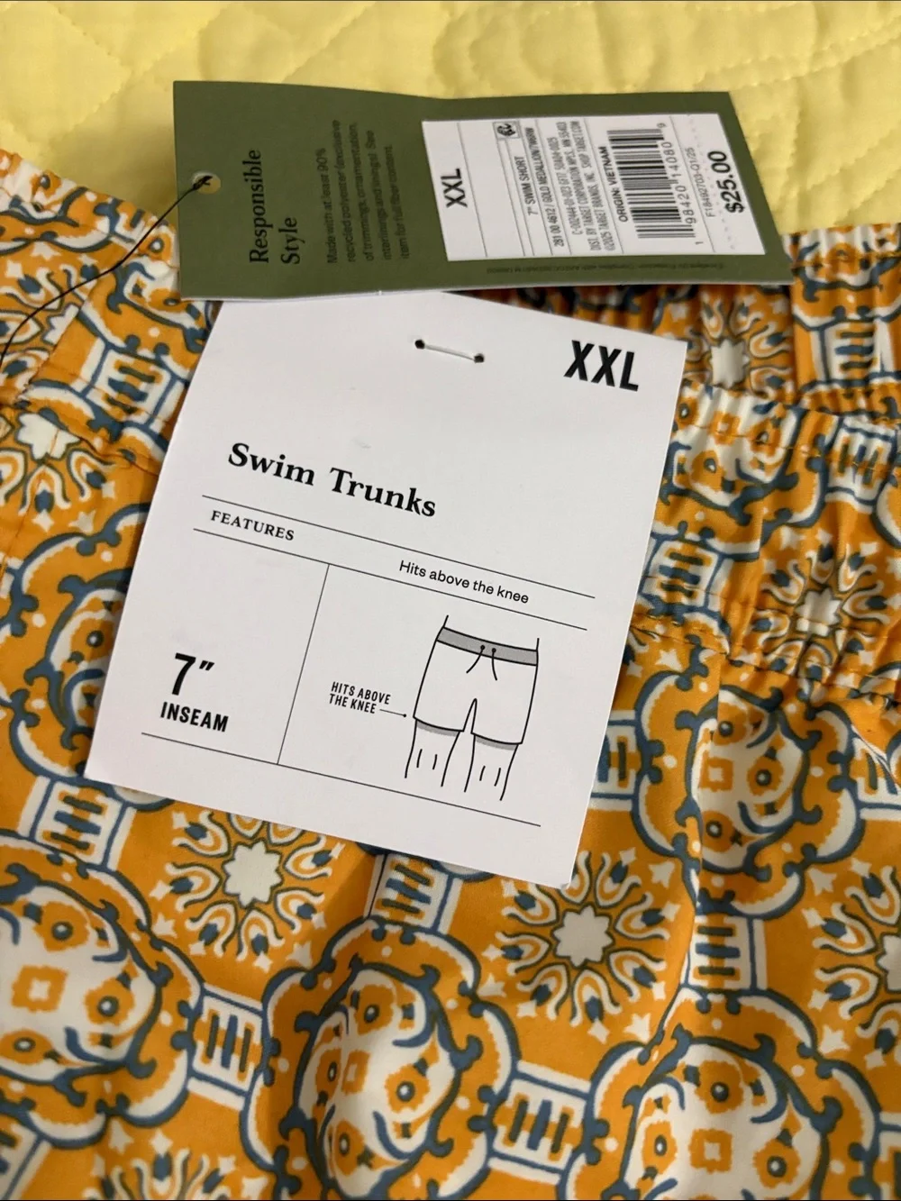 Men's Patterned Yellow Swim Trunks - Unbranded